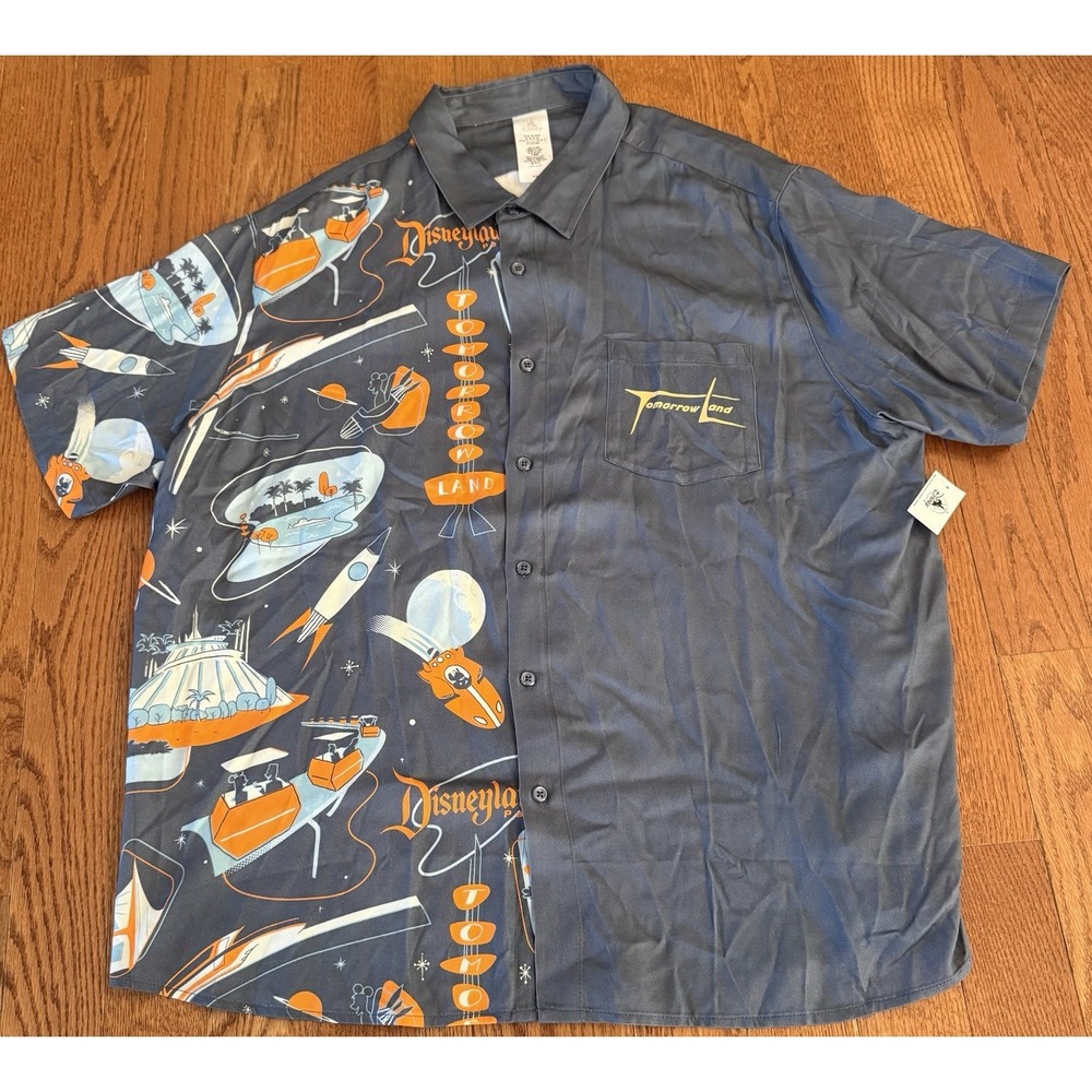 NWT Disney Parks XXL Tomorrowland Retro Button Up Shirt Men's Dark Gray Rockets